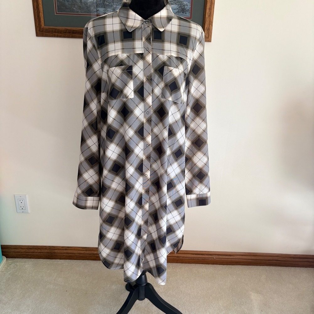 Prana Plaid Shirt Dress Womens Large Gray Long Sleeve Button Down Casual‎ Tunic